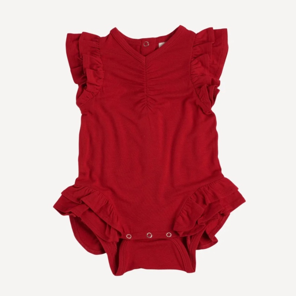 Kate Quinn Sleeveless V-Neck Ruched Double Ruffle Bamboo Bodysuit in lava red